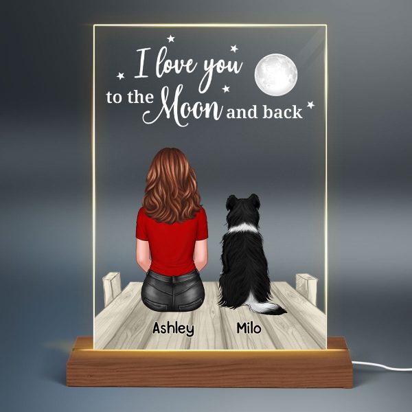 Love To The Moon And Back Woman & Pets On Bridge Personalized Rectangle Acrylic Plaque With LED Night Light - Gift For Dog Lover, Cat Lover, Pet Lover on Sale - Image 2
