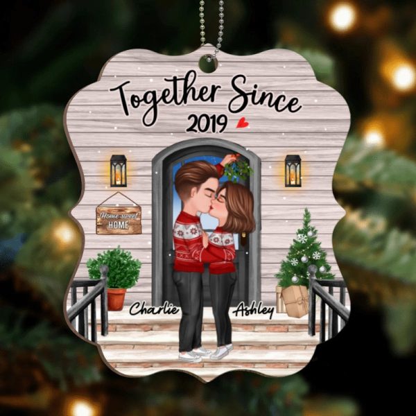Couple Kissing Under Mistletoe Front Porch Personalized Wooden Ornament Sale - Image 4
