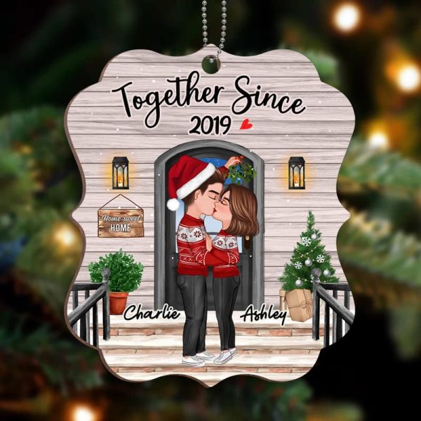 Couple Kissing Under Mistletoe Front Porch Personalized Wooden Ornament Sale - Image 2