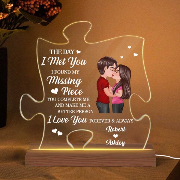 Doll Couple Kissing Found My Missing Piece Valentine‘s Day Anniversary Gift For Him For Her Personalized Custom Shape Acrylic Plaque LED Night Light Hot on Sale - Image 2