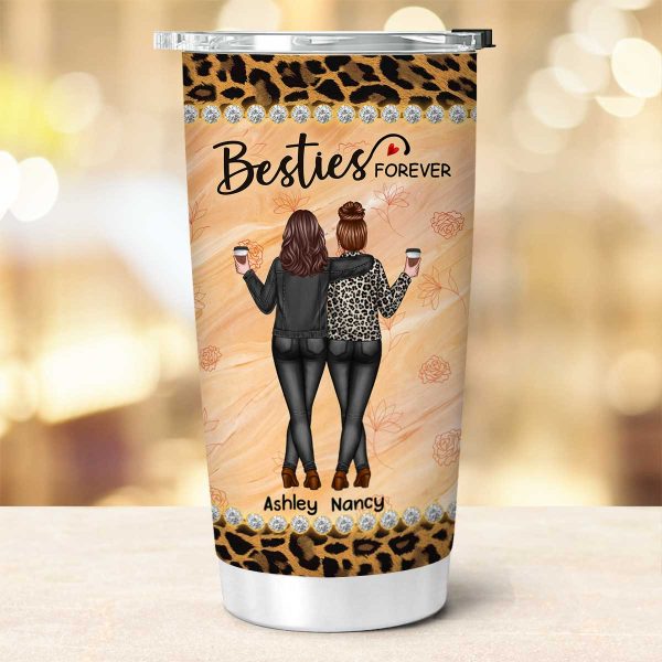 Leopard Pattern Back View Besties Sisters Personalized Tumbler Hot on Sale