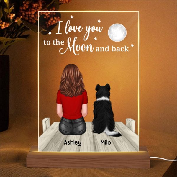 Love To The Moon And Back Woman & Pets On Bridge Personalized Rectangle Acrylic Plaque With LED Night Light - Gift For Dog Lover, Cat Lover, Pet Lover on Sale - Image 4