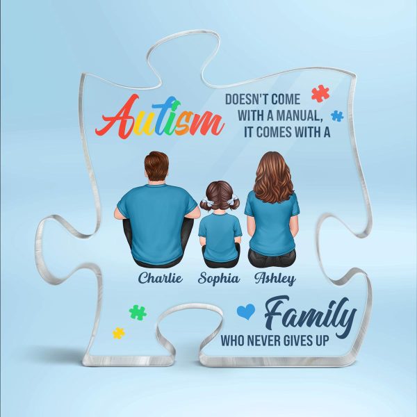 Autism Comes With A Family Never Give Up Family Back View Personalized Puzzle Acrylic Block Plaque For Sale - Image 2