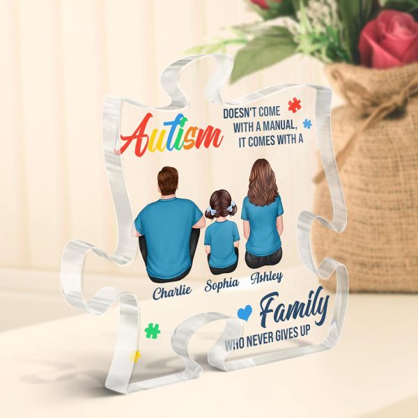 Autism Comes With A Family Never Give Up Family Back View Personalized Puzzle Acrylic Block Plaque For Sale - Image 3