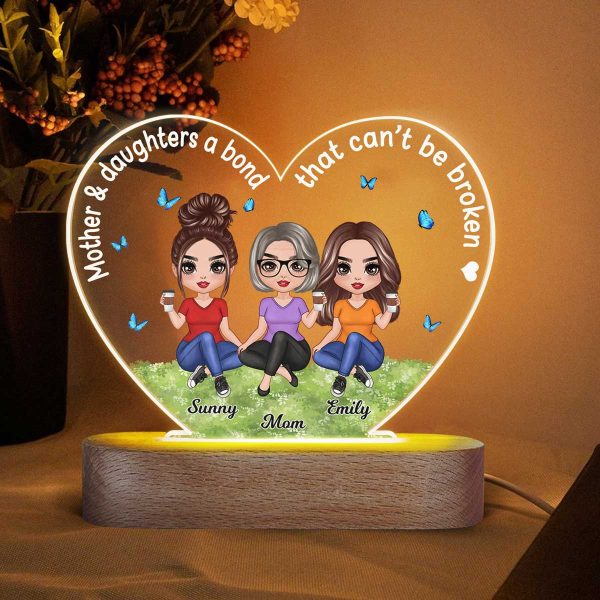 Doll Mother Daughter A Bond That Can‘t Be Broken Personalized Heart Acrylic Plaque LED Lamp Night Light For Sale