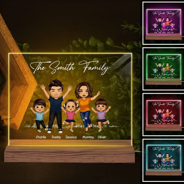 Happy Doll Family Couple Kid Dog Cat Personalized Custom Shaped Acrylic Plaque With LED Night Light on Sale