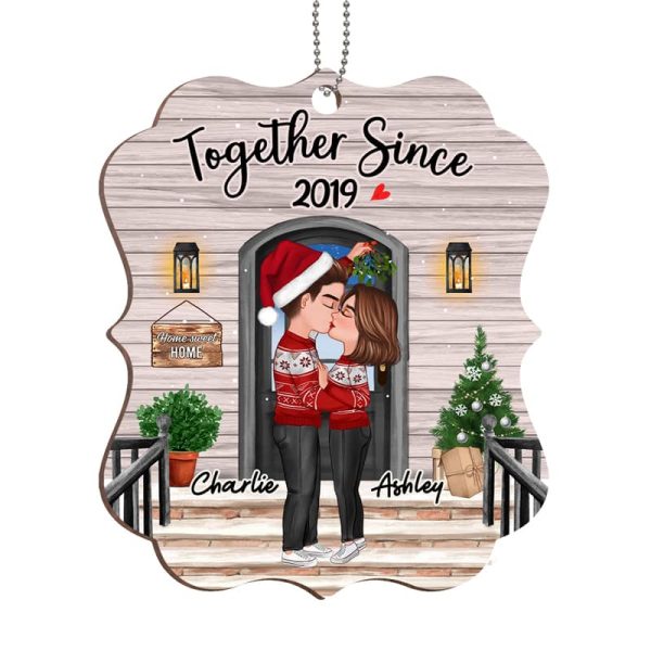 Couple Kissing Under Mistletoe Front Porch Personalized Wooden Ornament Sale