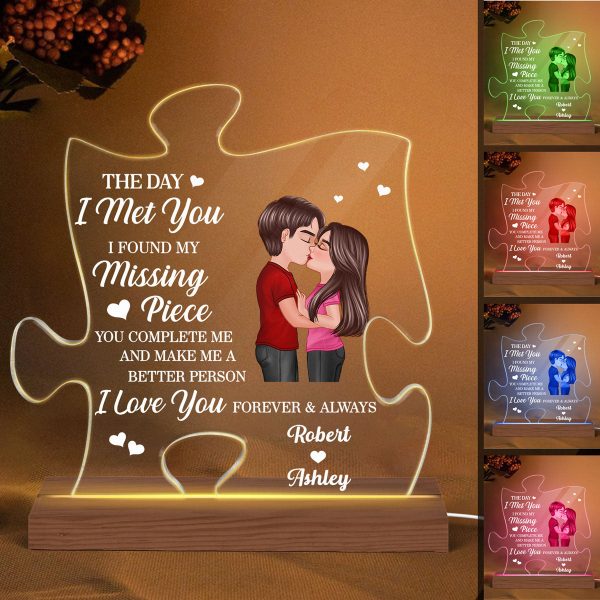Doll Couple Kissing Found My Missing Piece Valentine‘s Day Anniversary Gift For Him For Her Personalized Custom Shape Acrylic Plaque LED Night Light Hot on Sale