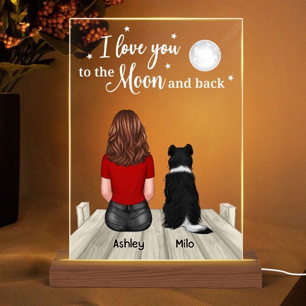Love To The Moon And Back Woman & Pets On Bridge Personalized Rectangle Acrylic Plaque With LED Night Light - Gift For Dog Lover, Cat Lover, Pet Lover on Sale