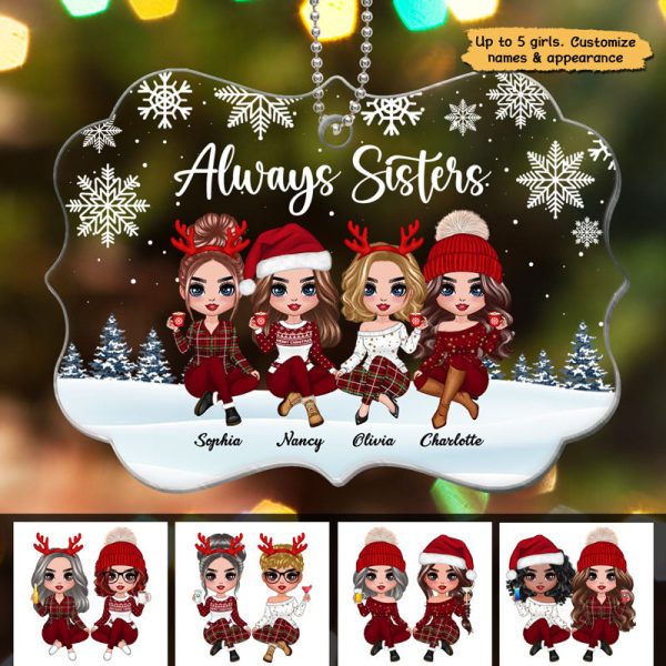 Doll Sisters Siblings Sitting Snow Background Personalized Acrylic Ornament on Sale - Image 3