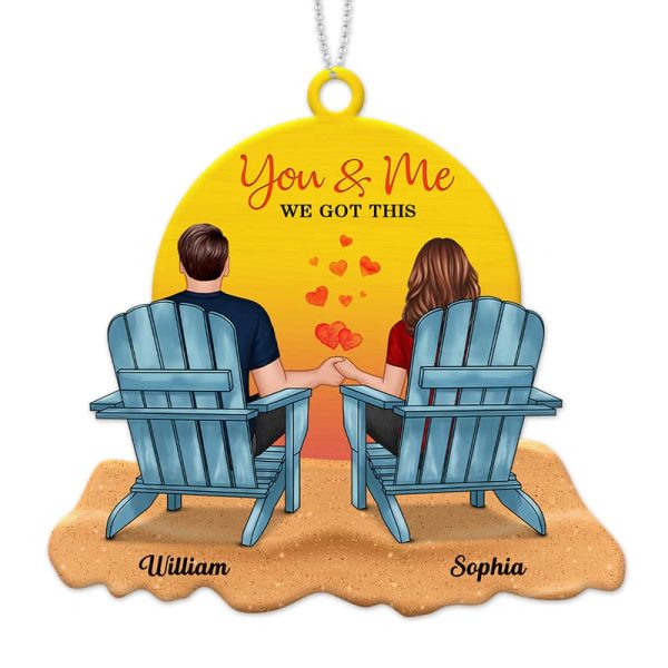 Back View Couple Sitting Beach Landscape Personalized Wooden Ornament Online Sale