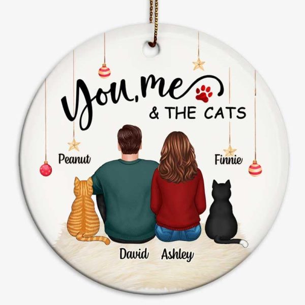 Back View Couple Sitting With Cats Christmas Personalized Circle Ornament For Cheap