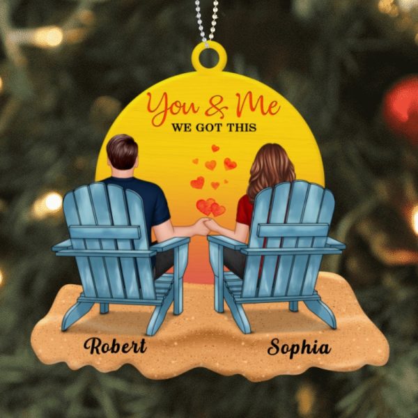 Back View Couple Sitting Beach Landscape Personalized Wooden Ornament Online Sale - Image 4