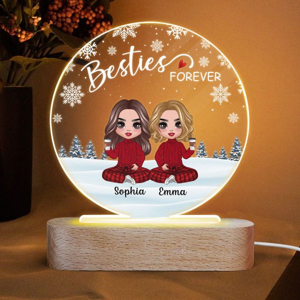 Doll Besties Sitting Snow Background Personalized Circle Acrylic Plaque LED Lamp Night Light Online Hot Sale