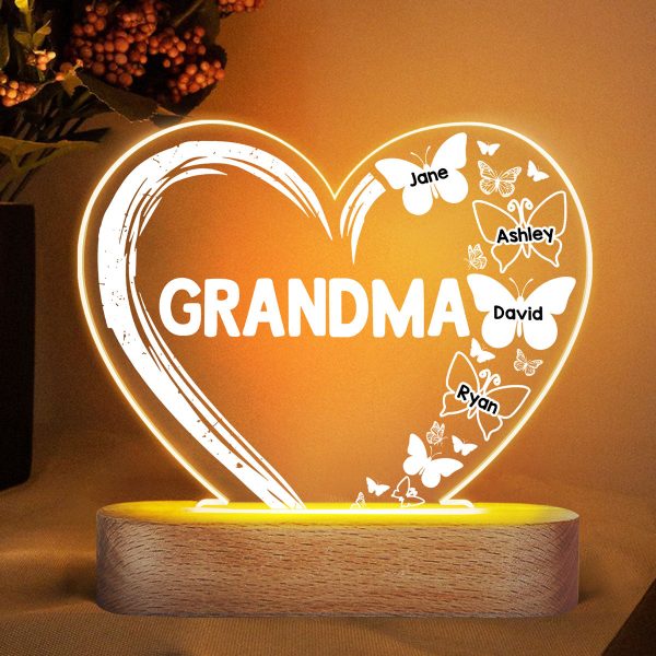 Mom Grandma Heart Butterflies Personalized Heart Acrylic Plaque LED Lamp Night Light Online