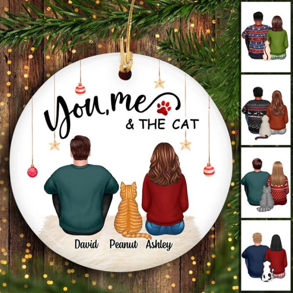 Back View Couple Sitting With Cats Christmas Personalized Circle Ornament For Cheap - Image 2