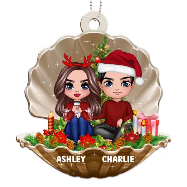 Couple In Pearl Shell Christmas Personalized Wooden Ornament Online Hot Sale