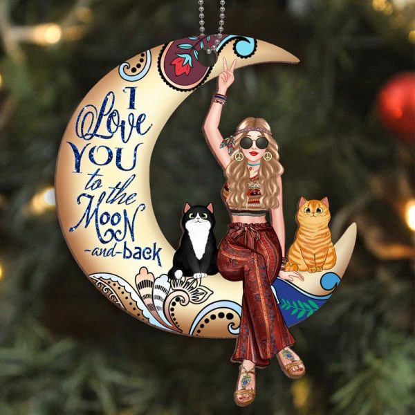 Cat Mom And Cats On Moon Paisley Hippie Personalized Wooden Ornament Online Hot Sale - Image 3