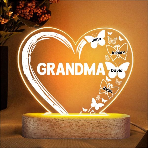 Mom Grandma Heart Butterflies Personalized Heart Acrylic Plaque LED Lamp Night Light Online - Image 4
