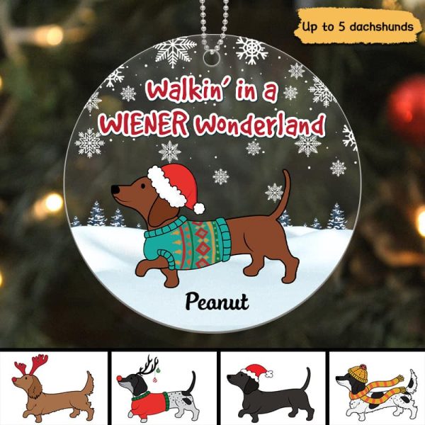 Dachshunds Walking In Wiener Wonderland Snow Background Personalized Acrylic Ornament Online Sale