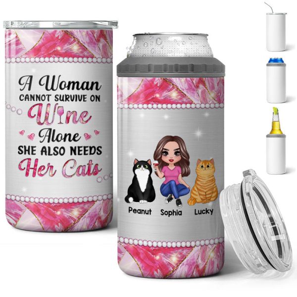 Cat Mom Cannot Survive On Wine Alone Multi Use Tumbler - Personalized 4 In 1 Can Cooler - Gift For Cat Moms Sale