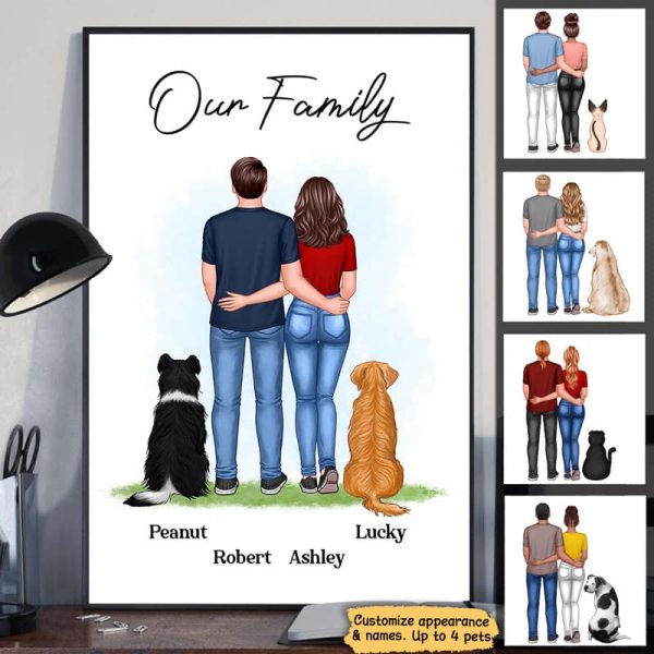 Couple And Dog Cat Back View Personalized Vertical Poster For Sale - Image 2