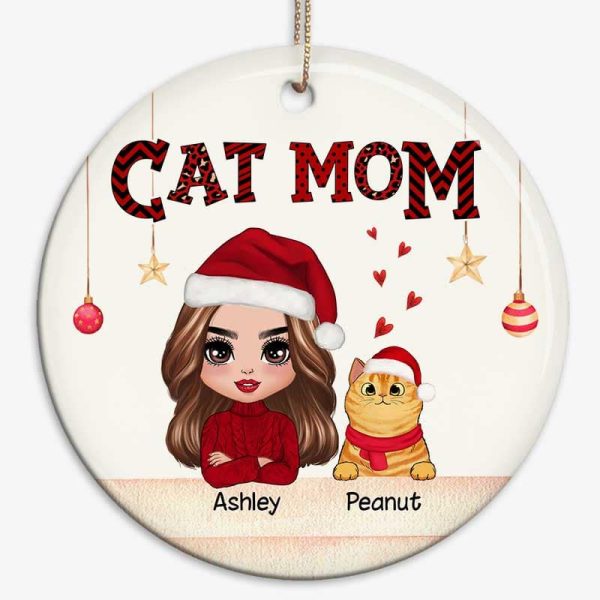 Red Pattern Doll Cat Mom Christmas Personalized Circle Ornament Online Hot Sale