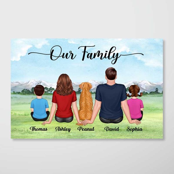 Our Family Couple Kid Dog Cat Back View Sitting On Grass Personalized Horizontal Poster Online Sale