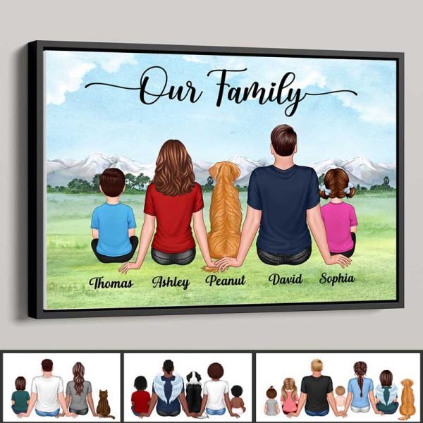Our Family Couple Kid Dog Cat Back View Sitting On Grass Personalized Horizontal Poster Online Sale - Image 2