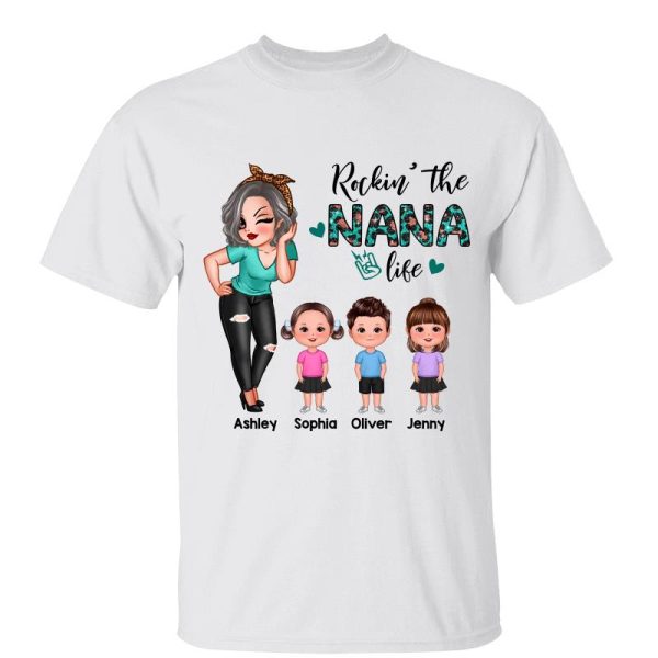 Rockin‘ The Grandma Life Doll Turquoise Rose Gold Leopard Pattern Personalized Shirt Sale - Image 4