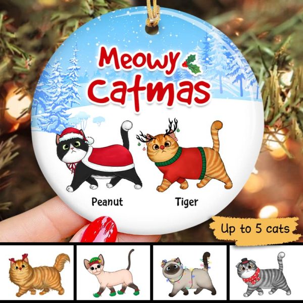 Winter Wonderland Walking Fluffy Cats In Snow Personalized Circle Ornament Online - Image 2