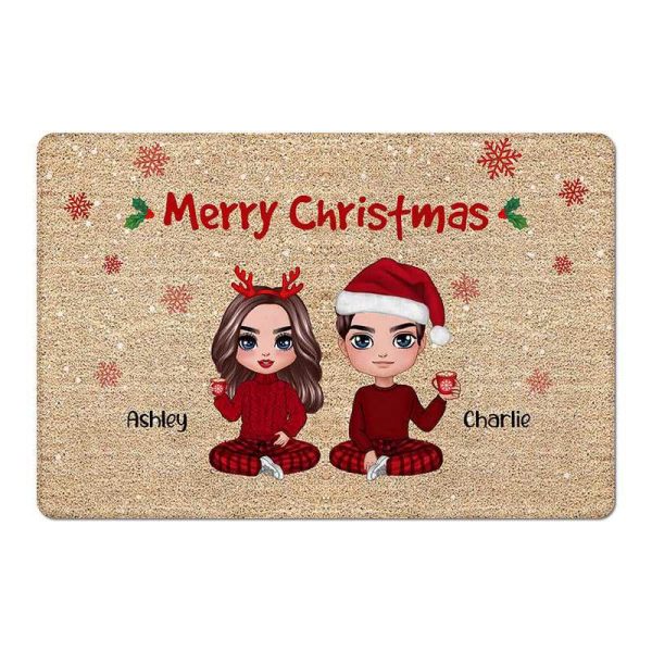 Christmas Doll Couple Sitting Welcome Personalized Doormat Discount
