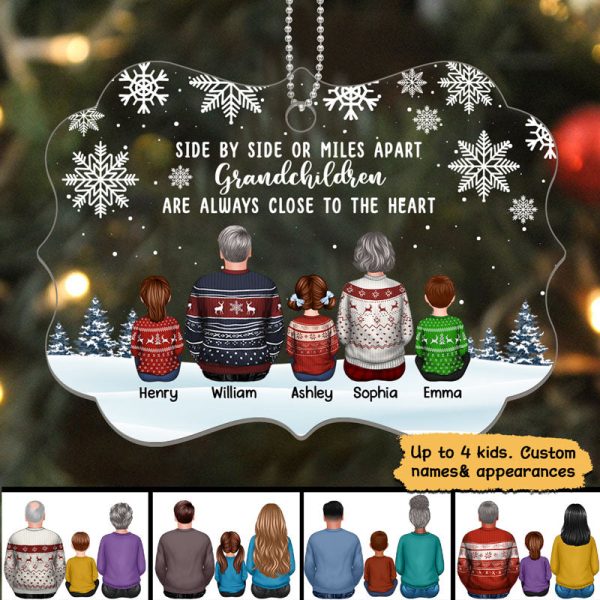 Grandma Grandpa Grandkids Side By Side Snow Background Personalized Acrylic Ornament Sale - Image 3