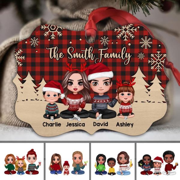 Checkered Pattern Doll Family Sitting Personalized Christmas Ornament Online Hot Sale - Image 2