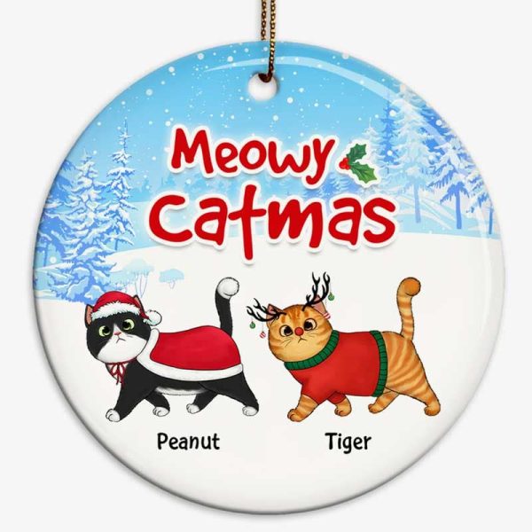 Winter Wonderland Walking Fluffy Cats In Snow Personalized Circle Ornament Online