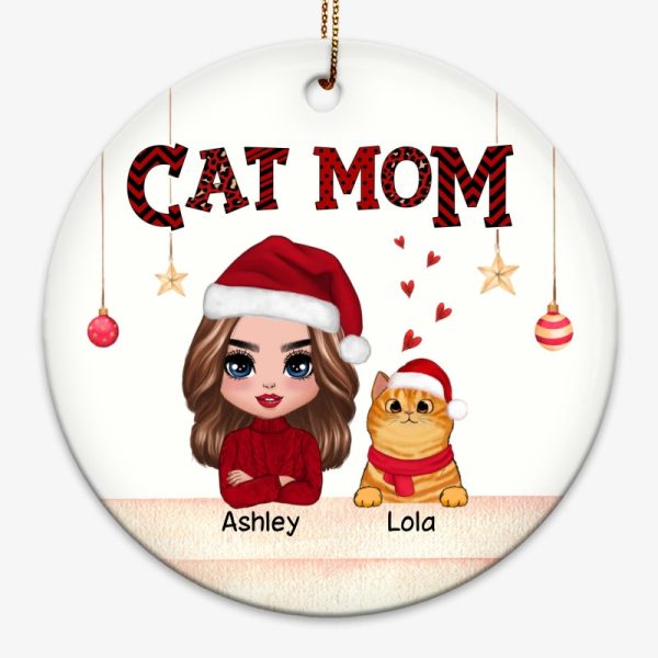 Red Pattern Doll Cat Mom Christmas Personalized Circle Ornament Online Hot Sale - Image 3