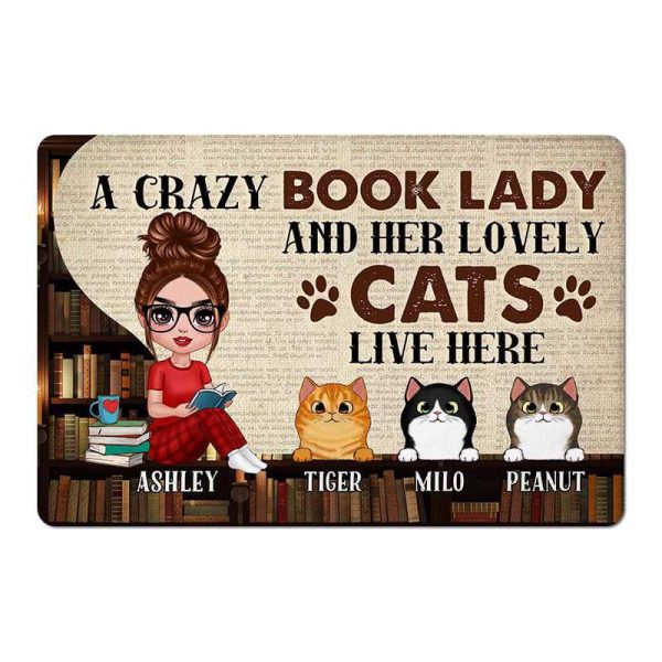Crazy Book Lady And Cats Live Here Personalized Doormat Online now - Image 2