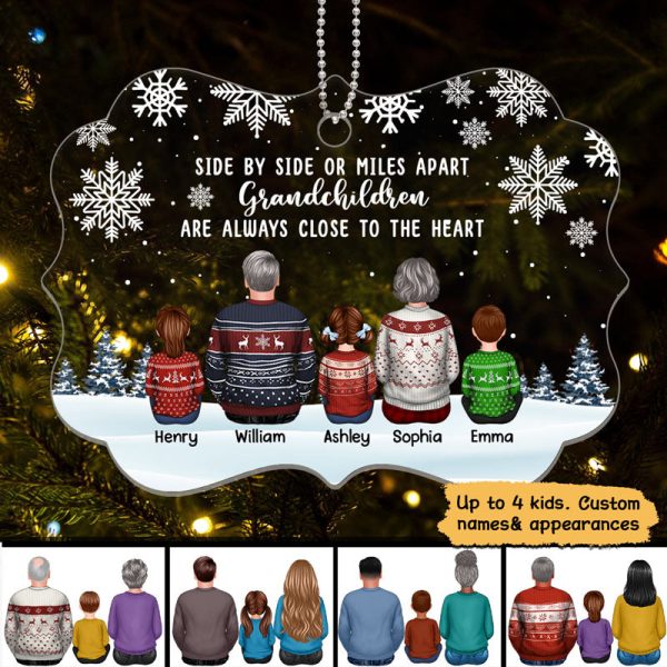 Grandma Grandpa Grandkids Side By Side Snow Background Personalized Acrylic Ornament Sale