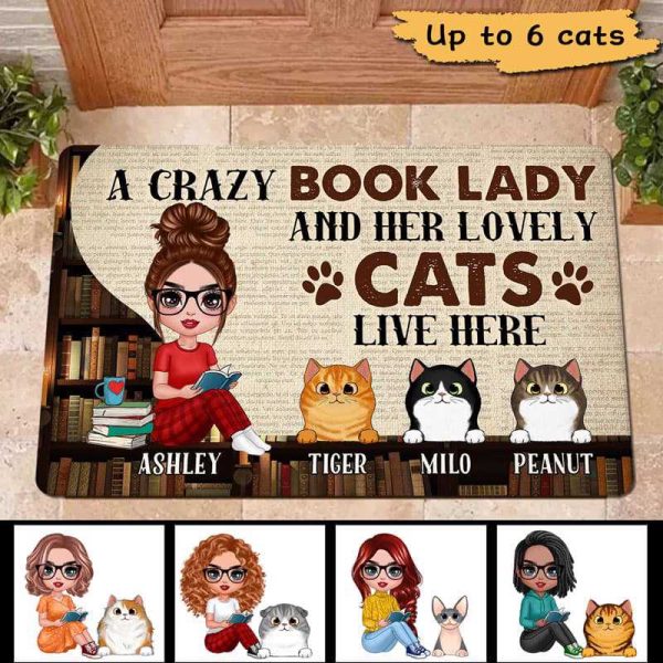 Crazy Book Lady And Cats Live Here Personalized Doormat Online now