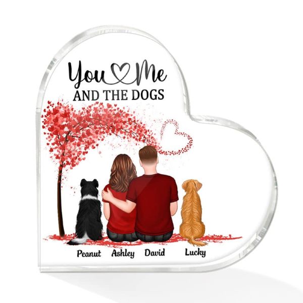 Couple Sitting Back View You Me & The Dog Cat Pets Personalized Heart Plaque Discount