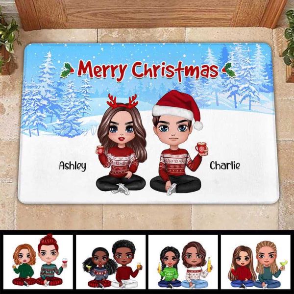Christmas Doll Couple Sitting Welcome Personalized Doormat Discount - Image 2