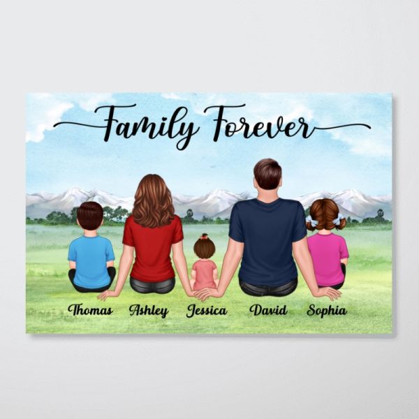 Our Family Couple Kid Dog Cat Back View Sitting On Grass Personalized Horizontal Poster Online Sale - Image 3