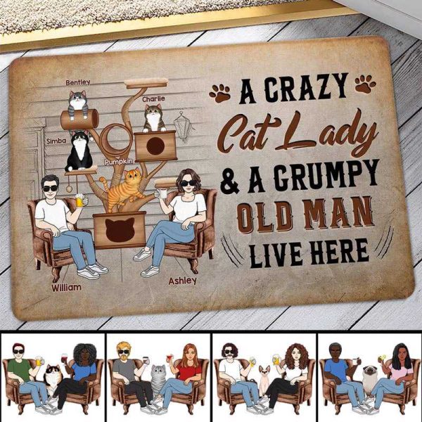Crazy Cat Lady & Grumpy Old Man Live Here Cat Tree Personalized Doormat For Cheap