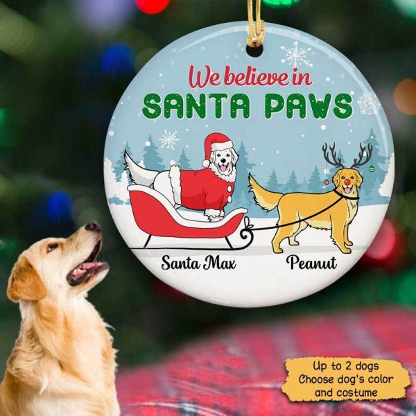 Believe In Santa Paws Golden Retriever Dogs Personalized Circle Ornament on Sale