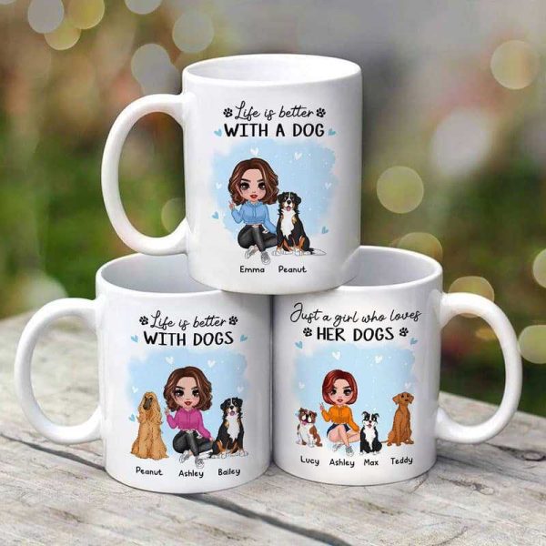 Blue Watercolor Doll Woman And Dogs Personalized Mug Online now - Image 3