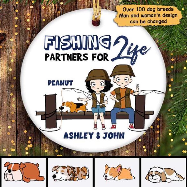 Fishing Partners Chibi Couple and Dog Personalized Circle Ornament For Discount
