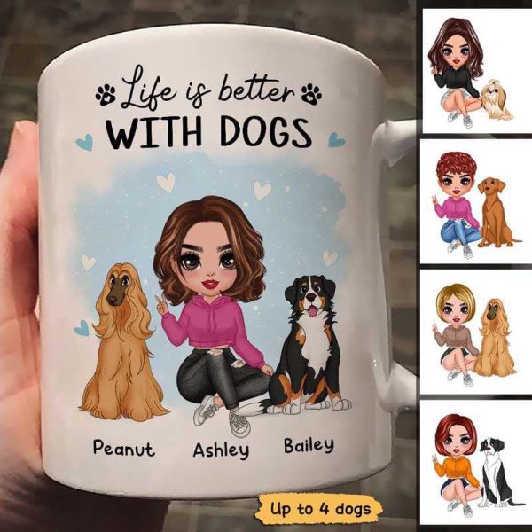 Blue Watercolor Doll Woman And Dogs Personalized Mug Online now
