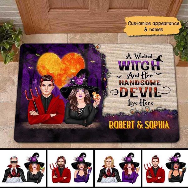 Wicked Witch Handsome Devil Heart Moon Halloween Personalized Doormat For Cheap