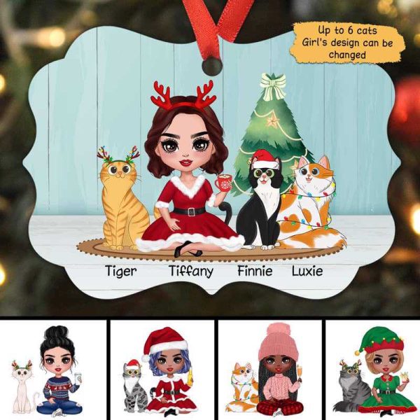A Sitting Doll Girl And Cartoon Cats Personalized Christmas Ornament Online
