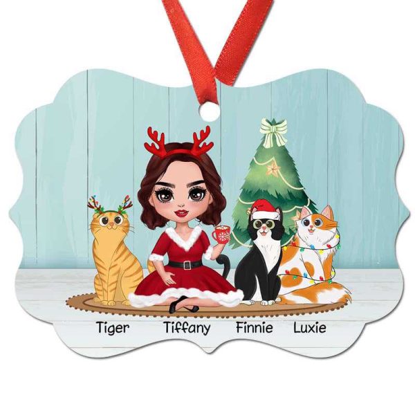 A Sitting Doll Girl And Cartoon Cats Personalized Christmas Ornament Online - Image 2